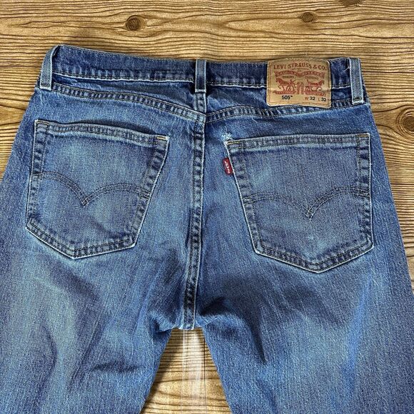 Levis 505 Jeans Mens 32x32 Blue Regular Straight Mid Rise Dark Wash Denim - Picture 4 of 16
